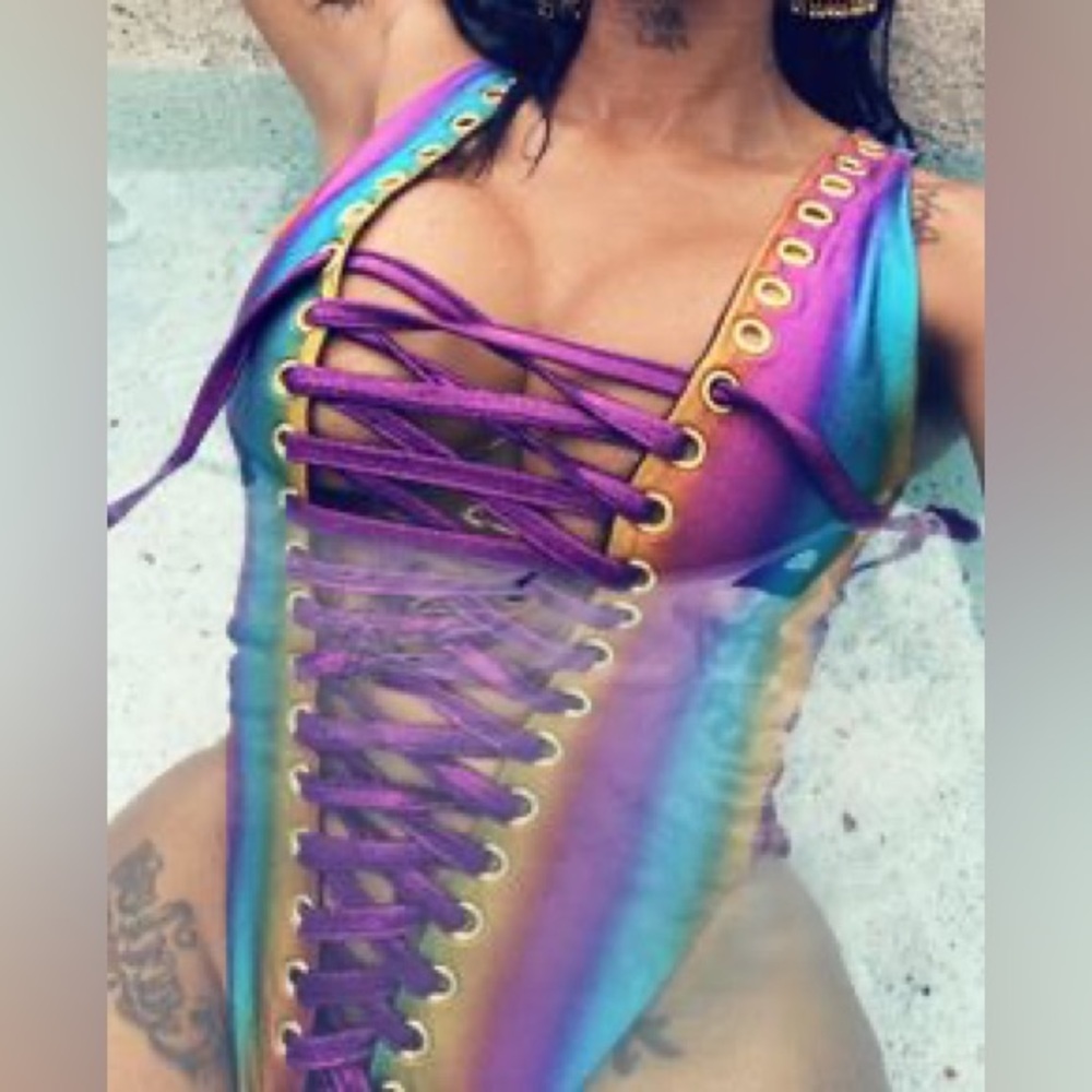 One-Piece Lace-Up Swimsuit in Rainbow Gradient